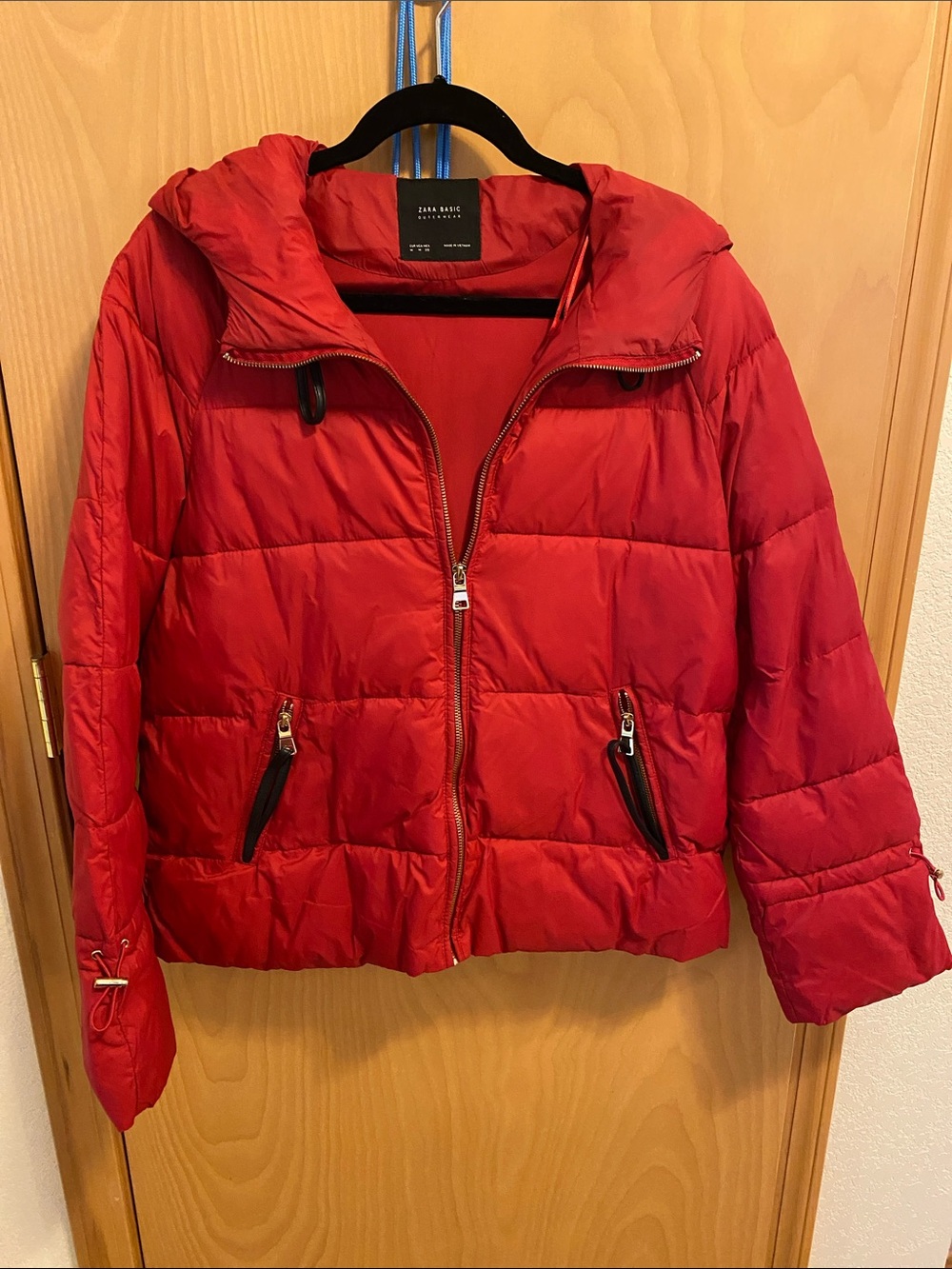 Zara Bright Red Quilted Hooded Puffer Jacket